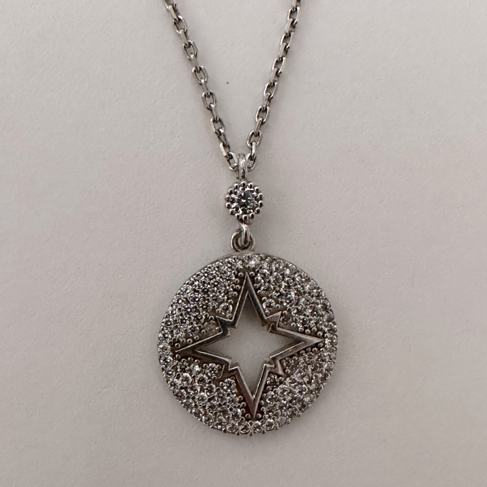 925 Silver necklace compass star cz clear cubic zirconia stones